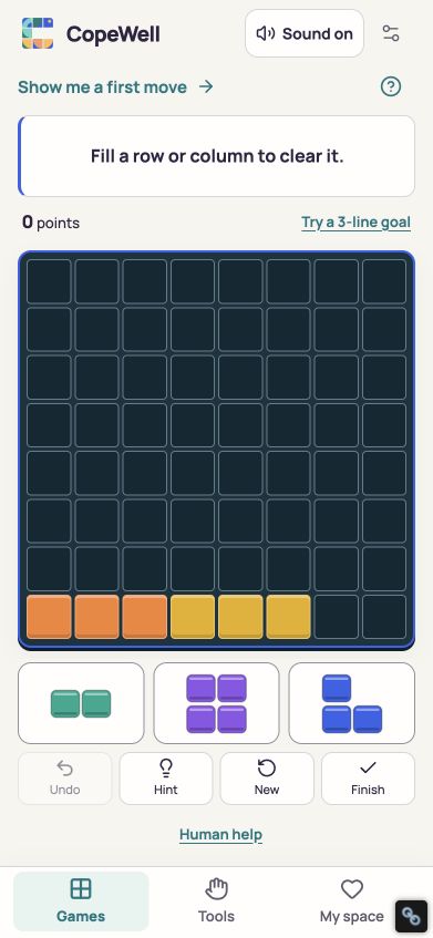 CopeWell opening screen: Play a game, pause before acting, or sort out a thought
